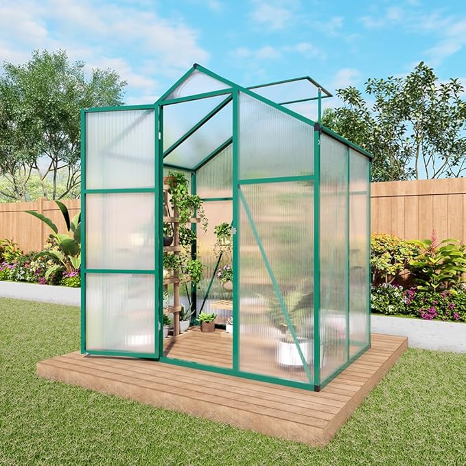 Polycarbonate Greenhouse with Rain Gutter and Roof Vent, Raised Base and Anchor Aluminum Heavy Duty Walk-in Green House, Outdoor Patio Sunroom for All Season (Green, 49.13*72.83*86.42in)