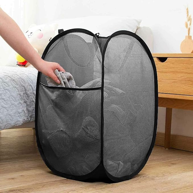 Mesh Pop up Laundry Hamper with Portable Durable Handles, Black Laundry Basket for Storage, Folding Collapsible Pop-Up Clothes Hampers for Home, College Dorm or Travel, Cruise, Black