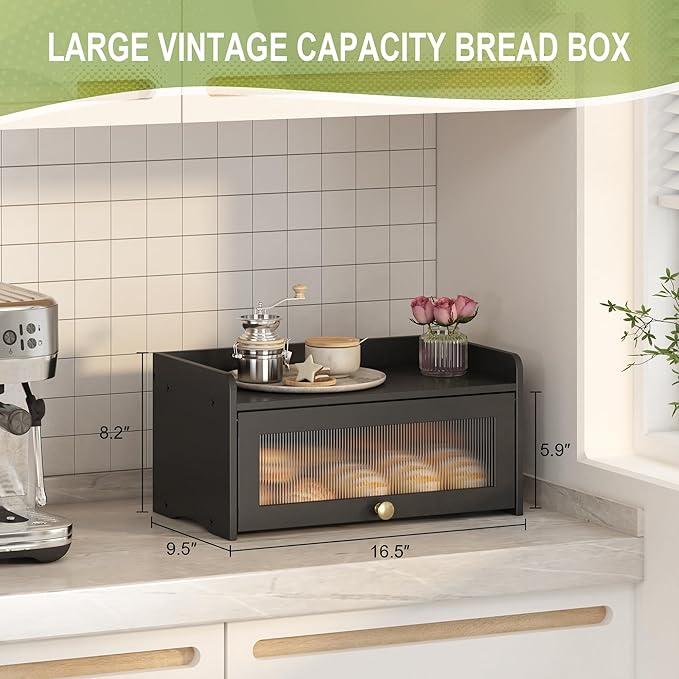 Bread Box for Kitchen Countertop, Large Bread Container Storage, Wooden Farmhouse Bread Box with Window Bread Holder (Vintage Black)