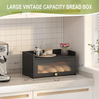 Bread Box for Kitchen Countertop, Large Bread Container Storage, Wooden Farmhouse Bread Box with Window Bread Holder (Vintage Black)