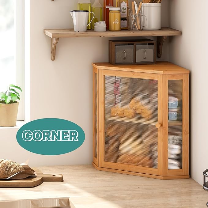 Corner Bread Box for Kitchen Counter, Bamboo Wood Large Capacity Bread Storage Bin with Acrylic Wavy Door Panel (Natural, Extra Large)
