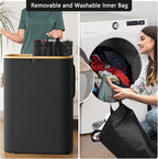 SpaceAid Double Laundry Hamper 2 Section with Lid and Removable Laundry Bags, 160L Clothes Basket with Bamboo Handles, Large Collapsible Hamper for Bedroom, Bathroom, Dorm, Laundry Room - Black
