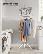 SONGMICS 2-Tier Clothes Drying Rack, 72-Inch Folding Laundry Drying Rack with 3 Rotatable Arms for Hangers, 24 Clips, Stainless Steel, for 27 Pieces of Clothes, Gray and White ULLR512G01