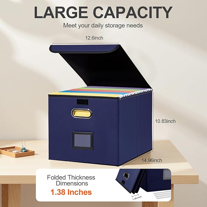 Collapsible File Box with Lid & Plastic Slide - Hanging Document Organizer for Office/Home, 14.96x12.6x10.83 Inch,Dark Blue, 2 Pack (No Folders Included)