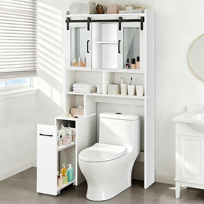 Extendable Rolling Drawer-Style Toilet Storage Cabinet. Conveniently Mobile. Sliding Storage Doors. Adjustable Shelving. Compact Bathroom Storage. Toilet Paper Holder. Bathroom, Toilet, Laundry Room