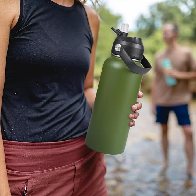 32oz Insulated Stainless Steel Water Bottle, Wide Mouth Double Wall Vacuum, Silicone Straw, Sweat & Leak Proof, BPA Free Insulated Water Flask for Travel, Keep Cold 24h Hot 12h, Green