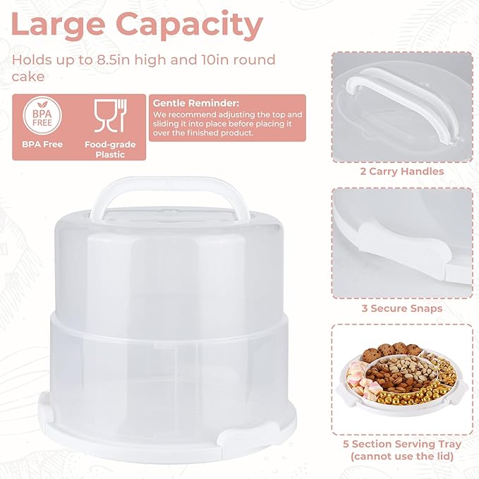 Foldable Cake Carrier with Portable Insulated Bag(Heavy-Duty), Plate Stacker and Non-slip Silicone Trivet Mats, Holds up to 8.5in High and 10in Round Cake or 2pcs 9in Pies