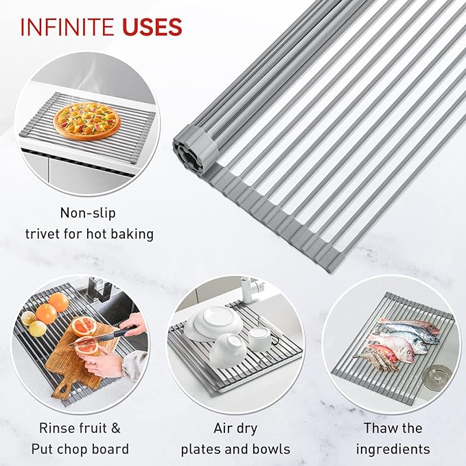 MERRYBOX Roll Up Dish Drying Rack, Over The Sink Dish Rack Foldable, Heat-Resistant, Anti-Slip Silicone Coated Dish Drainer for Kitchen Counter, Large & Multipurpose Sink Drying Rack, 20.5" x 13.1"