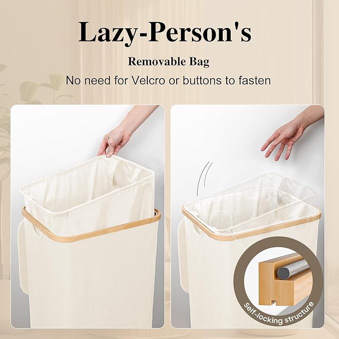Large Laundry Hamper, 100L Waterproof Laundry Basket with Lid and Removable Bag, Collapsible Tall Clothes Hamper with Bamboo Handles for Clothes Toys in Dorm Bedroom Bathroom, Beige