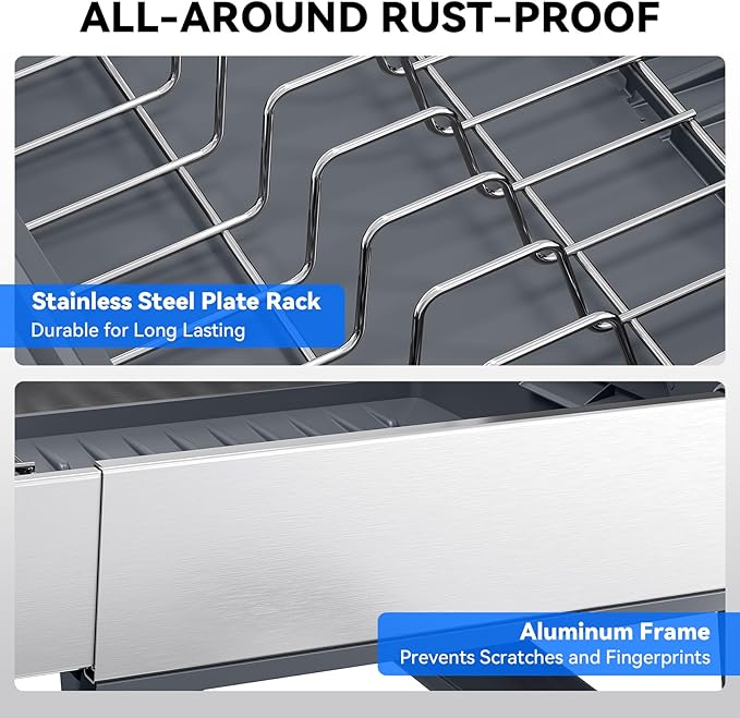 Expandable Dish Drying Rack, Stainless Steel Dish Rack with Aluminum Frame, Dish Drainer for Kitchen Counter, Space Saving Kitchen Drying Rack with Movable Utensil Holder,Gray