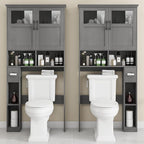 Over The Toilet Storage Cabinet With Double Doors & Paper Holder Stand, Freestanding Shelf Space Saver, Anti-Tip Design & Adjustable Shelf, Natural Grey