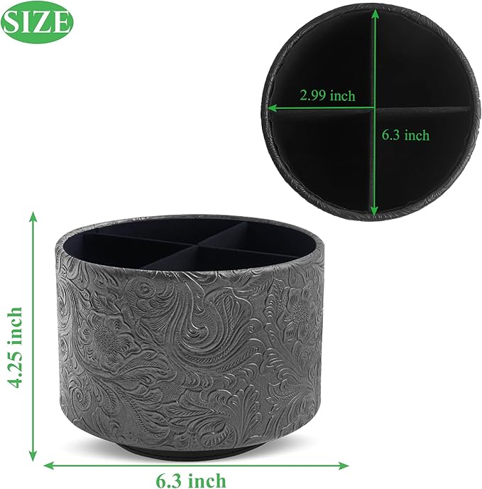 lizimandu Round Leather Art Supply Organizer,Remote Control Holder,360 Degree Spinning,Multi-Functional Pencil Holder,4 Compartments Desktop Stationary Organizer(1-Carved Black)