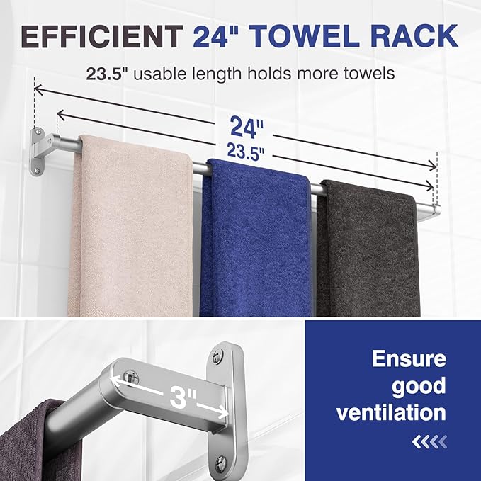 Brushed Nickel Towel Rack for Bathroom - 24" Rustproof Towel Holder, Sturdy Towel Bar Wall Mounted, Space-Saving Towel Hanger, Bathroom Accessories, Home Decor, Apparment Essentials
