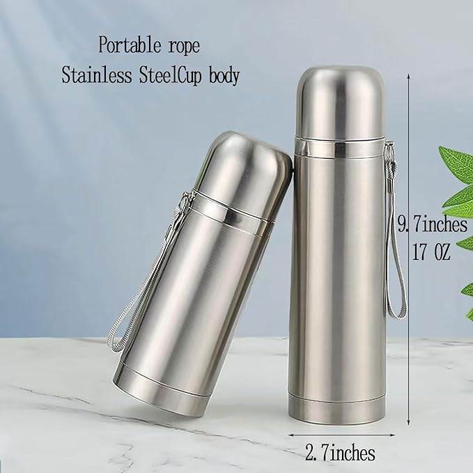 Stainless Steel Thermal Bottle Vacuum Insulated Coffee Trave Mug for Hot and Cold Drinks Double Walled Sport Water Flask with Cup 17Oz/500Ml(Silver)