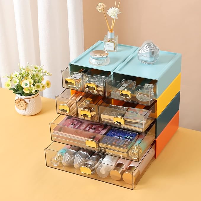 Spacious Desk Drawers, Stackable Desktop Organizer, Plastic Storage Box for Office, School & Home Supplies (2 Middle Drawers, OG & YE)