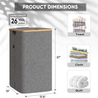 BALEINE Laundry Hamper with Lid, Tall Laundry Baskets with Bamboo Pull Handles, Large Laundry Bin with Internal Support (26Gal/100L, Carbon Black)