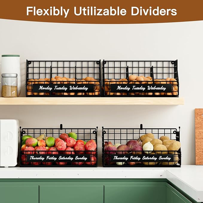 Egg Holder Countertop with 5 Dividers & Labels, 2 Tier Stackable Chicken Egg Baskets for Gathering Fresh Eggs, Egg Organizer for Countertop/Wall-Mounted, Black