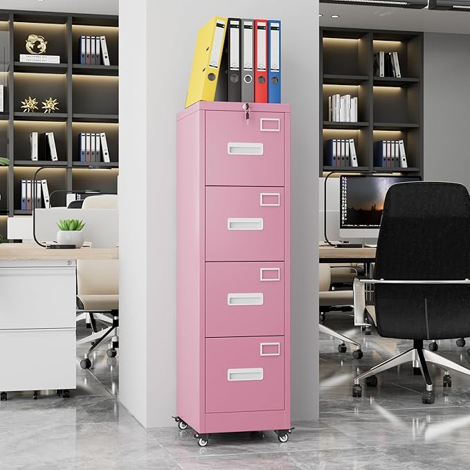 Aobabo 4 Drawer File Cabinet with Wheels, Lockable Office Metal Filing Cabinet with Name Card for Office and Home,Assembly Required,Pink