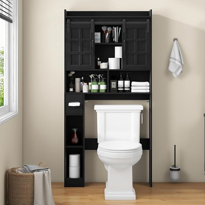 Vabches Over The Toilet Storage Cabinet, Farmhouse Storage Cabinet Over Toilet with Sliding Doors, Home Space-Saving Toilet Rack, for Restroom, Bathroom, Laundry.Black