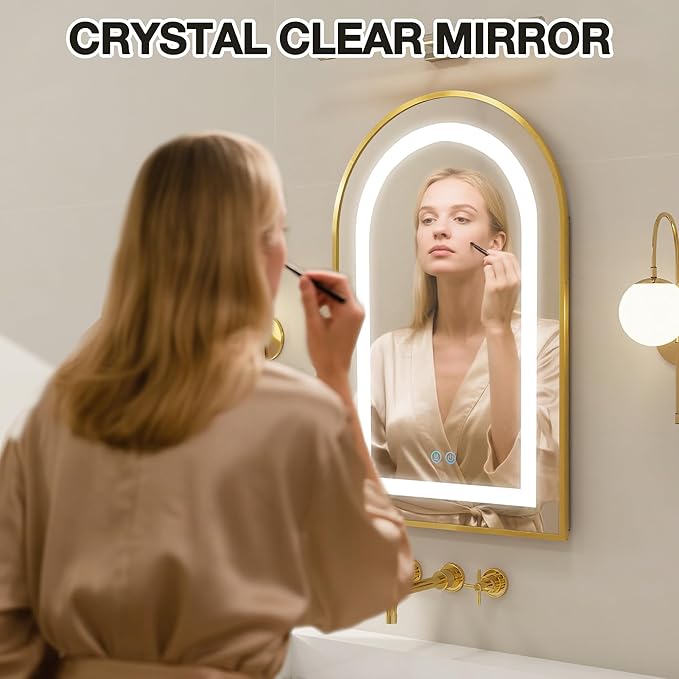 Arched Medicine Cabinet Mirror No Assembly Needed Bathroom Mirror with Storage Recessed or Surface Mount Options (Gold-LED, 29.5" L x 15.8" W)