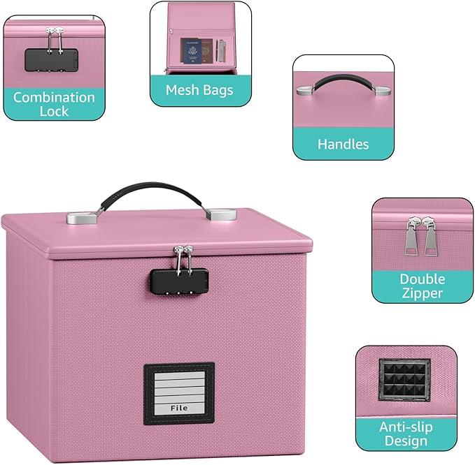 Pink Fire Proof File Box for Documents - Portable Fireproof Document Organizer Box with Handle Waterproof Safe Locking Folder Storage with Lid