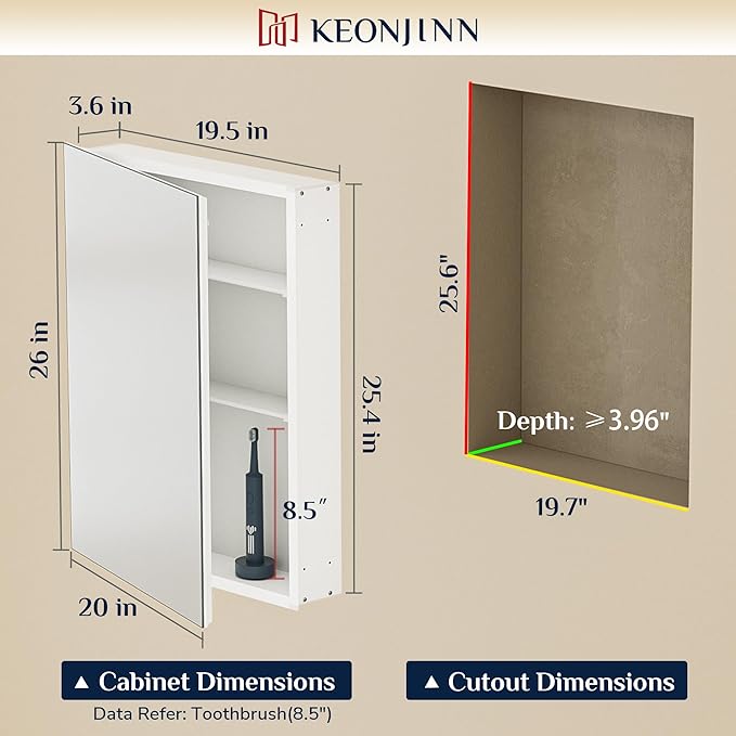 Keonjinn 20 x 26 Inch Small Medicine Cabinet, Assembly Required, White Bathroom Mirror with Storage, Lightweight, Freely Adjustable Shelves, Tempered Glass, Soft Closing, Recessed or Wall Mount