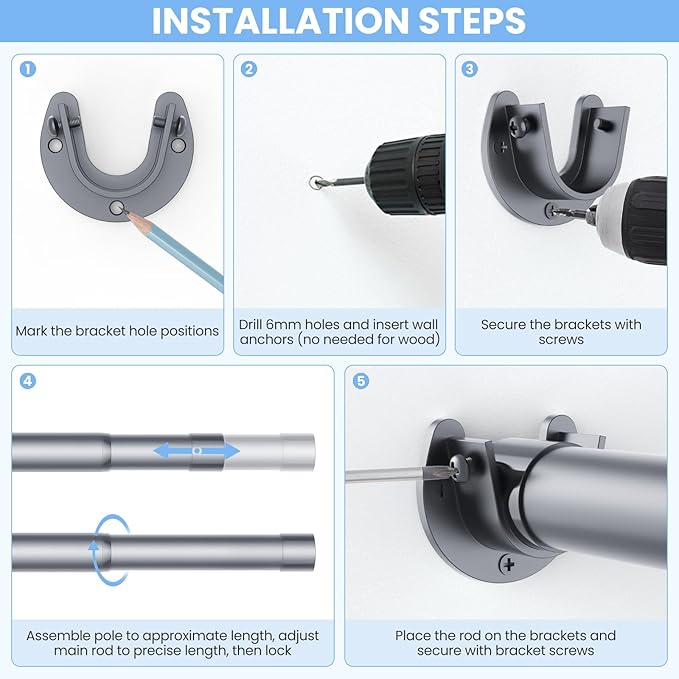 Closet Rods for Hanging Clothes, 17 to 39 Inches No-Cut Stepless Adjustable Closet Rod, 1.3 Inches Expandable Metal Heavy Duty Closet Hanging Rod for Closet Wardrobe Bathroom Laundry RV, Silver