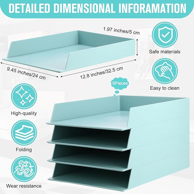 Tatuo 6 Pack Stackable Paper Trays Plastic Letter Tray Desk Organizer Paper Holder Organizer Storage Office Desk Accessories for Classroom Magazine File Documents 12.8 x 9.45 x 1.97, Blue Green