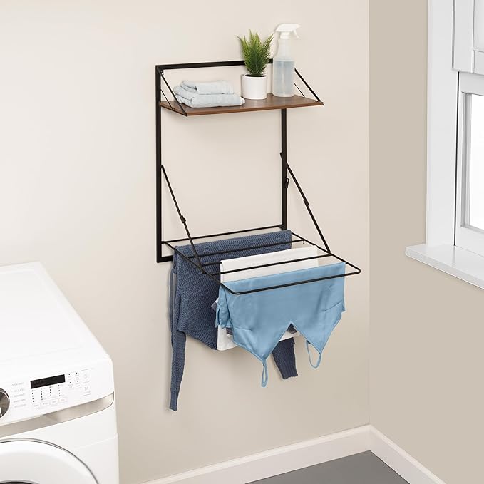 Honey-Can-Do Wall-Mount or Over-The-Door Compact Collapsible Drying Rack with Extra Shelf, Black & Walnut