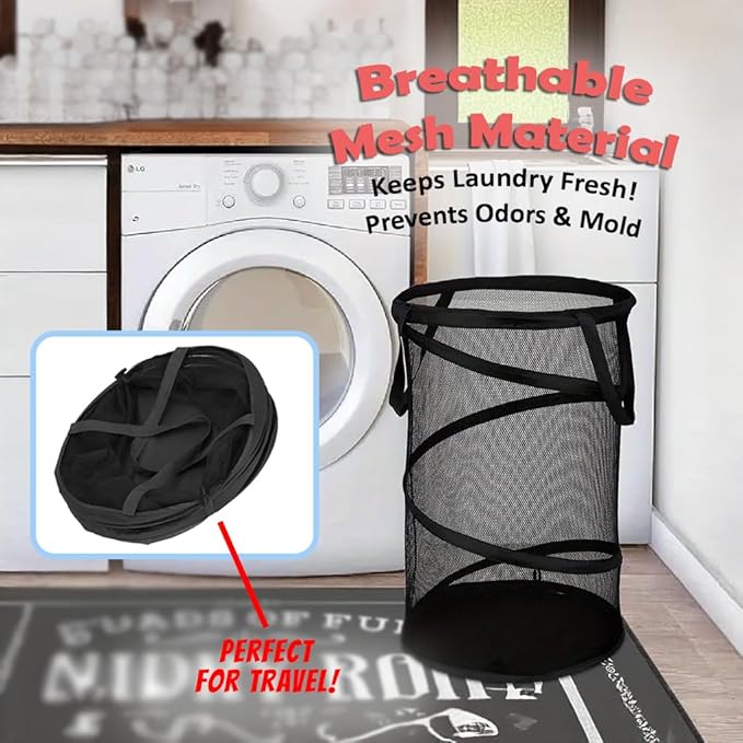 Pop Up Hamper for Laundry Mesh Collapsible Laundry Basket | Large Clothes Hamper - Black 16"L x 16"W x 24"H