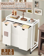 Laundry Sorter 3 Section,Laundry Basket with Wheels,3×15.8 Gal (60L) Laundry Hamper Organizer with Large Wooden Desktop Sorter,Pull-Out and Removable Laundry Bags (Creamy White, 3 Bags - 180L)