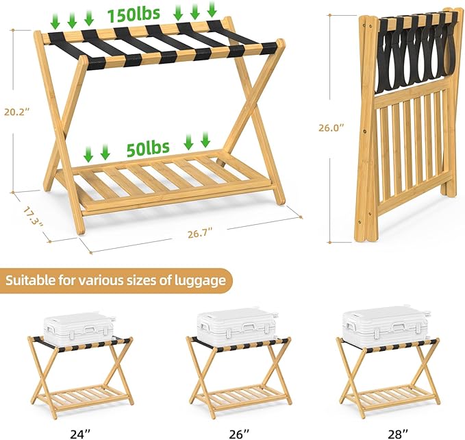 Bamboo Luggage Rack for Guest Room, Wide Suitcase Stand with Storage Shelf, Folding Luggage Stand Holder for Bedroom Hotel, 26.77" Thickened Luggage Rack for Suitcases, Natural