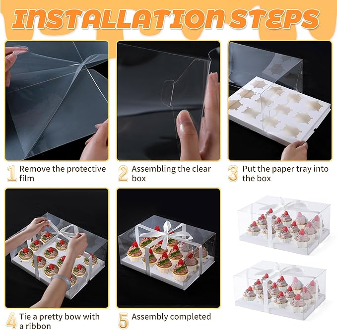 JCD 5.5inches height 4 Sets x 12 Counts Cupcake Containers Clear Plastic Cupcakes Box 12 Holders Dozen Cupcake Boxes, Disposable Cupcake Carrier Holder with Detachable Lid, BPA Free(12count/4pcs)