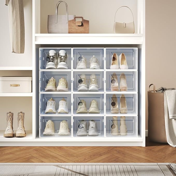 NEWBULIG 45 Clear Shoe Storage Boxes, Shoe Organizer for Closet with Lid, Plastic Stackable Breathable Shoe Cabinet with Lid for Sneakers, Heels & Boots, White