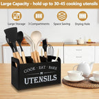 Farmhouse Cooking Utensils Organizer - Kitchen Utensil Holder Black Rustic Solid Wood Countertop Utensil Holder, 3 Compartment Spoon Holder for Kitchen Decor