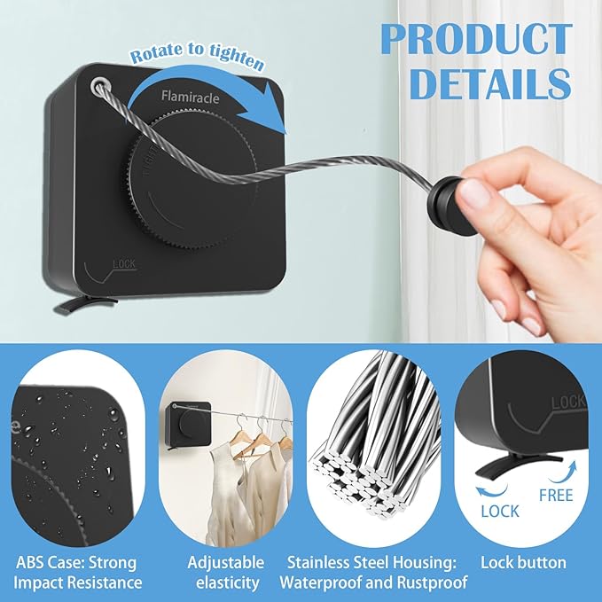 Retractable Clothesline Indoor, Non-Sagging Outdoor Clothes Line Retracting 15.7 Feet Heavy Duty Laundry Line Retractable Wall Mounted Clothes Line Outdoors (Square-Black)
