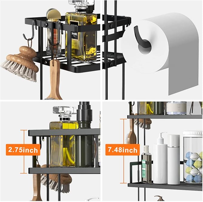 Over The Toilet Storage Shelf, 3-Tier Bathroom Storage Organizer Upgrade Punch-Free Toliet Storage Shelf, Home Storage Rack with Hooks Shelf,Black