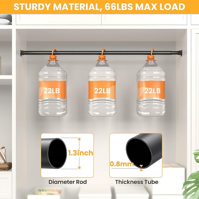2 Pack Closet Rods for Hanging Clothes, 17-39 Inch No-Cut Stepless Adjustable Closet Rod, 1.3 Inch Heavy Duty Metal Closet Hanging Rod with Brackets, Closet Bar for Closet, Laundry Room, RV, Wardrobes