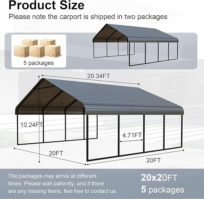 20x20 FT Heavy Duty Metal Carport - Galvanized Steel Car Shelter Garage Kits for 2 Car, RVs, Boats & Outdoor Storage - Gray Roof with Black Frame