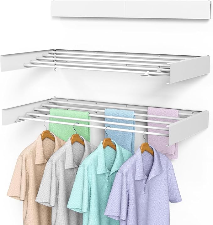 Laundry Drying Rack, Collapsible Wall Mounted Clothes Drying Rack - Drying Rack Clothing Foldable,Space Saving, 31" Wide, 13.2 Linear Ft, 5 Aluminum Rods, 60 lb Capacity (White, 31")