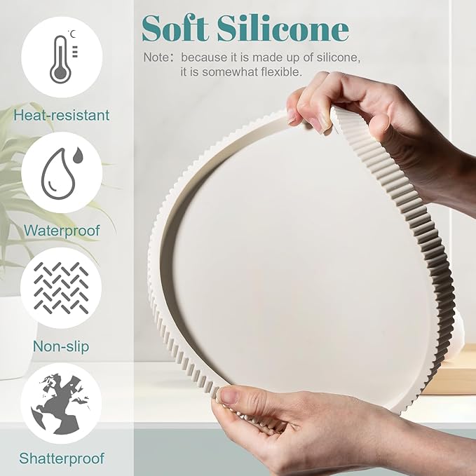 Silicone Bathroom Tray Round Kitchen Counter Organizer Decorative Vanity Accessories Coffee Table Decor for Perfume, Candle, Soap Dish, 10 Inch, Beige