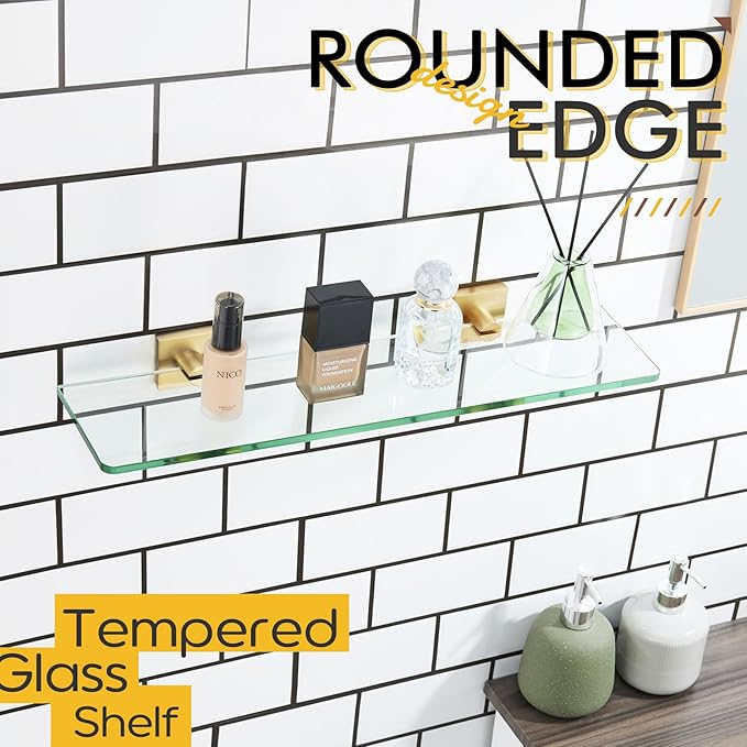 KOKOSIRI Wall Shelves 20-Inch Floating Tempered Glass Shelf for Bathroom Kitchen Hanging Rack Shower Storage, 2 Pack Gold Stainless Steel B1107BG-L20-P2