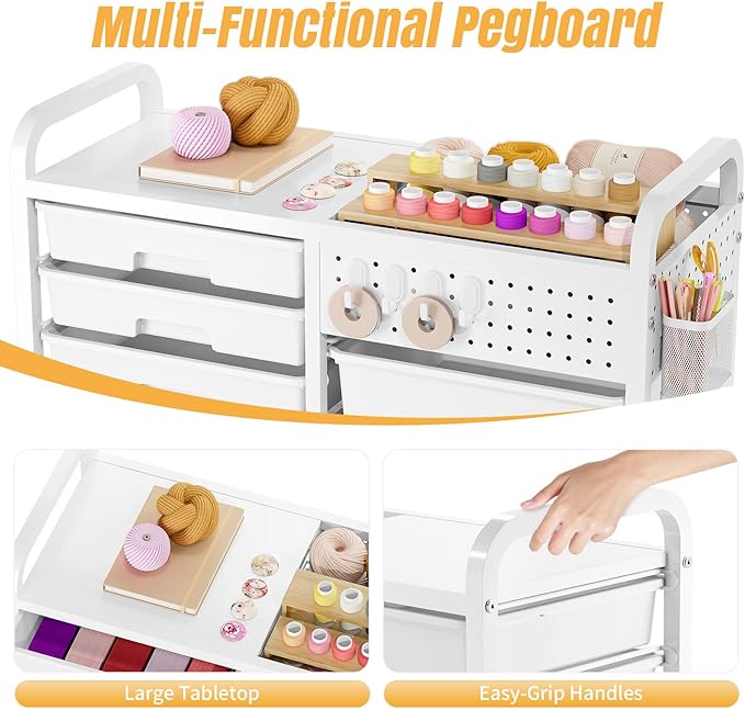 Rolling Storage Cart with 14 Drawers, Storage Organizer Cart with Tabletop and Pegboard,Utility Cart for Living Room, Classroom, Bedroom,Bathroom,Dorm,Office (White)