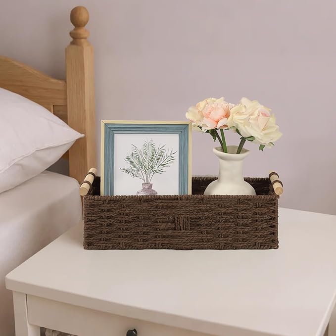 Toilet Paper Wicker Basket, Paper Rope Storage Basket with Wooden Handle, Wicker Baskets for Organizing, Decorative Storage Wicker Bins for Countertop, Small Basket Fits with Any Decor