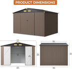 IRONCK 10x8FT Outdoor Storage Shed with Breathable Vent, Galvanized Steel Metal Tool Shed with Lockable Doors for Yard Bins/Generator/Wheelbarrow Garden Storage, Brown