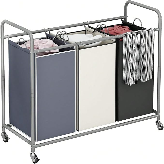3-Bag Laundry Sorter Cart with Rolling Lockable Wheels, Removable Bags, 32.68 x 15.75 x 33.46 in, Black, Beige and Grey (Assorted)