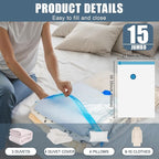 15 Jumbo Vacuum Storage Bags with Electric Pump, Vacuum Seal Bags for Clothing Space Saver Compression Storage Bag Large for Clothing Travel Comforters Blankets Pillows Bedding Duvets Clothes