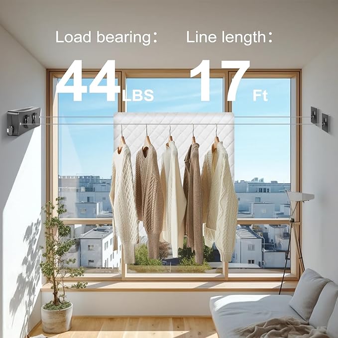 17Ft Retractable Clothesline Indoor/Outdoor, Comes with 30 clothespins, Anti-Sag for Drying Clothes line retracting Indoor/Outdoor, Dual-Line with Each Line 17Ft Long Laundry line Retractable
