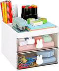 LETURE Small Desk Organizer With Drawer, Office Desktop Storage Box, Business Card/Pen/Pencil/Mobile Phone/Stationery Holder Storage Box, Makeup Organizer for Office School Home (White)