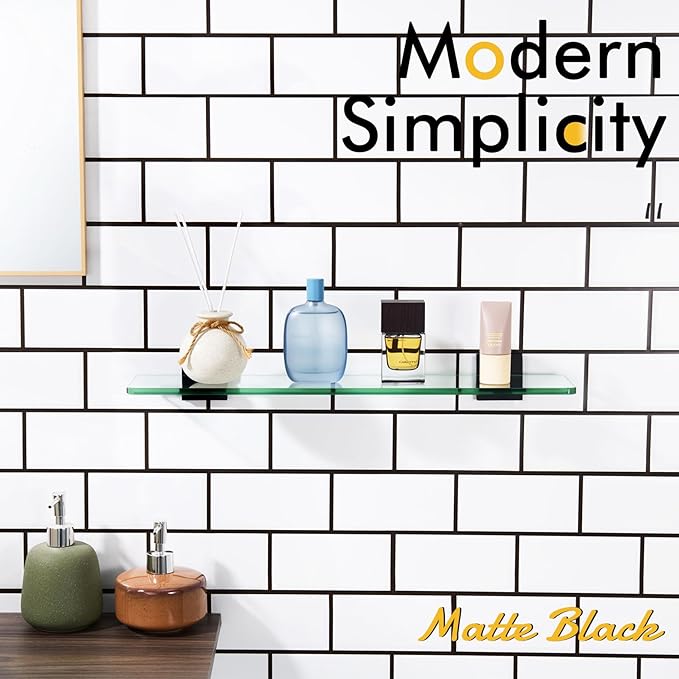 KOKOSIRI Bathroom Shelves Wall Mount Tempered Glass Floating Shelf 20-Inch Kitchen Hanging Rack Shower Storage, 2 Pack Black Stainless Steel B1107BK-L20-P2